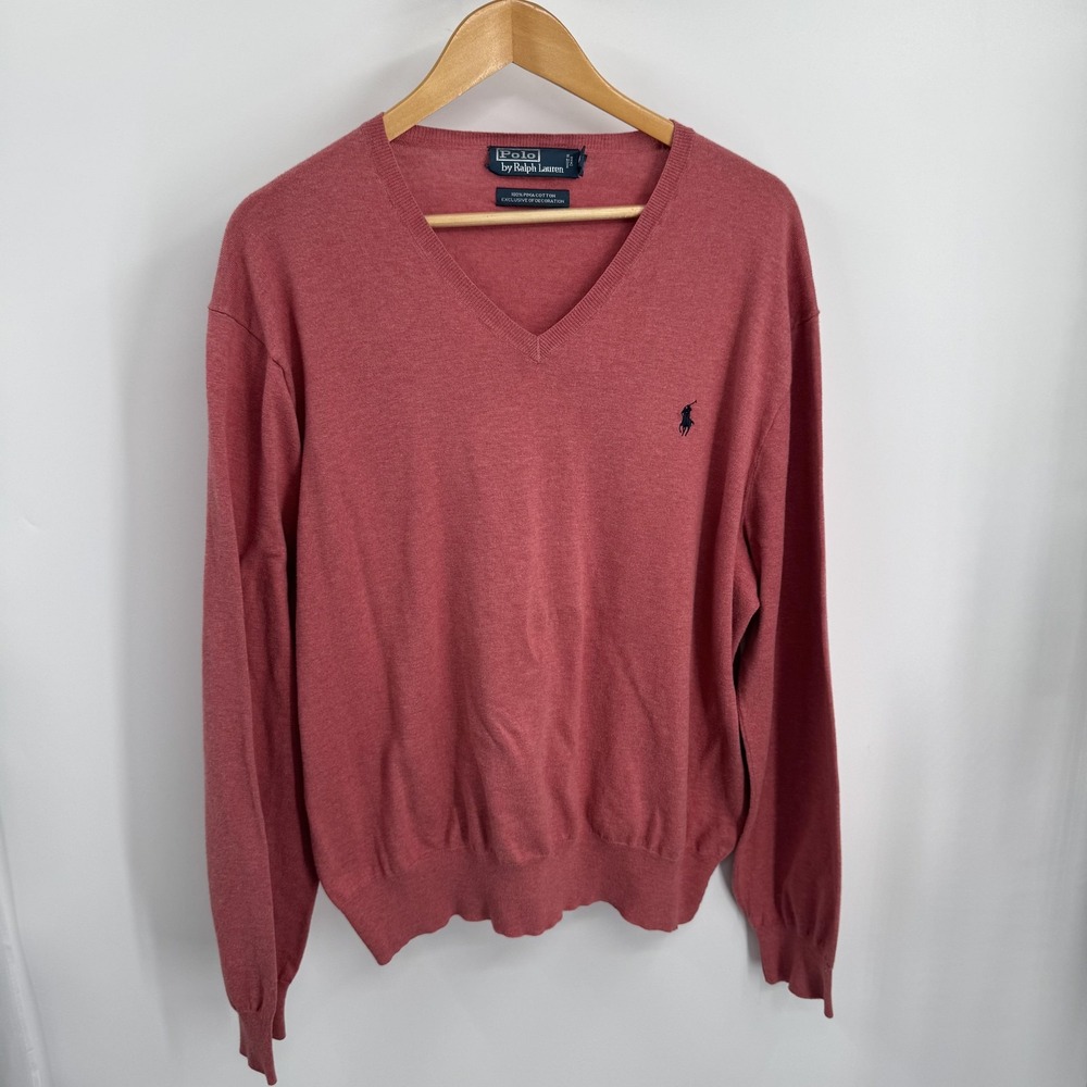 Polo Ralph Lauren Sweater Mens XL Red V‎ Neck Pima Cotton Pullover Long Sleeve